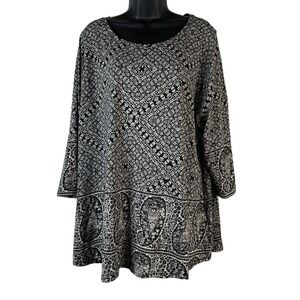 LUCKY BRAND Women's Tunic 3/4 Sleeve Scoop Neck Cotton Modal Knit Black White 3X